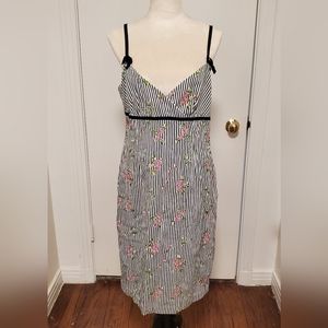 Laura Leigh Ltd. Sundress With Bows Black & White Stripes Pink Roses Sz. 14 NWOT